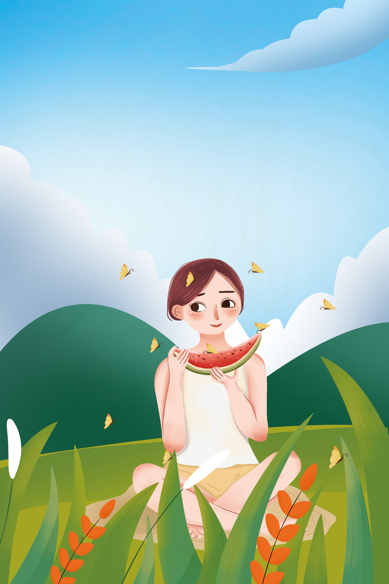 手绘人物吃瓜背景图，高清JPG与PSD设计素材下载