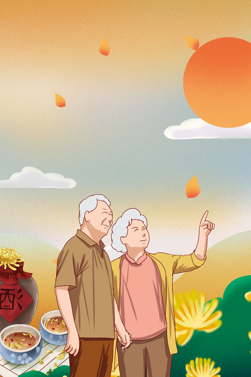 手绘重阳节登高望远图，高清JPG/PSD设计素材免费下载