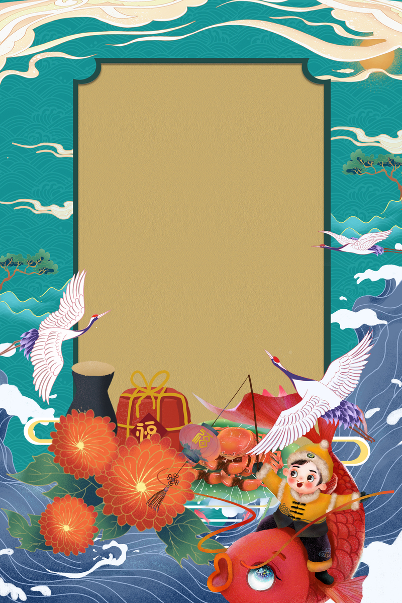 国潮手绘年货节背景图，高清JPG/PSD设计素材，卡通手绘风格，免费下载