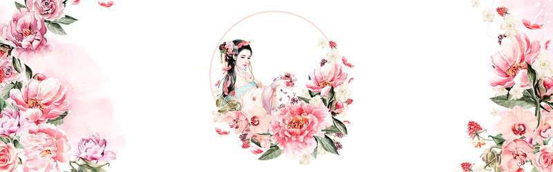 手绘古风美女花卉背景，高清JPG/PSD设计素材，免费下载
