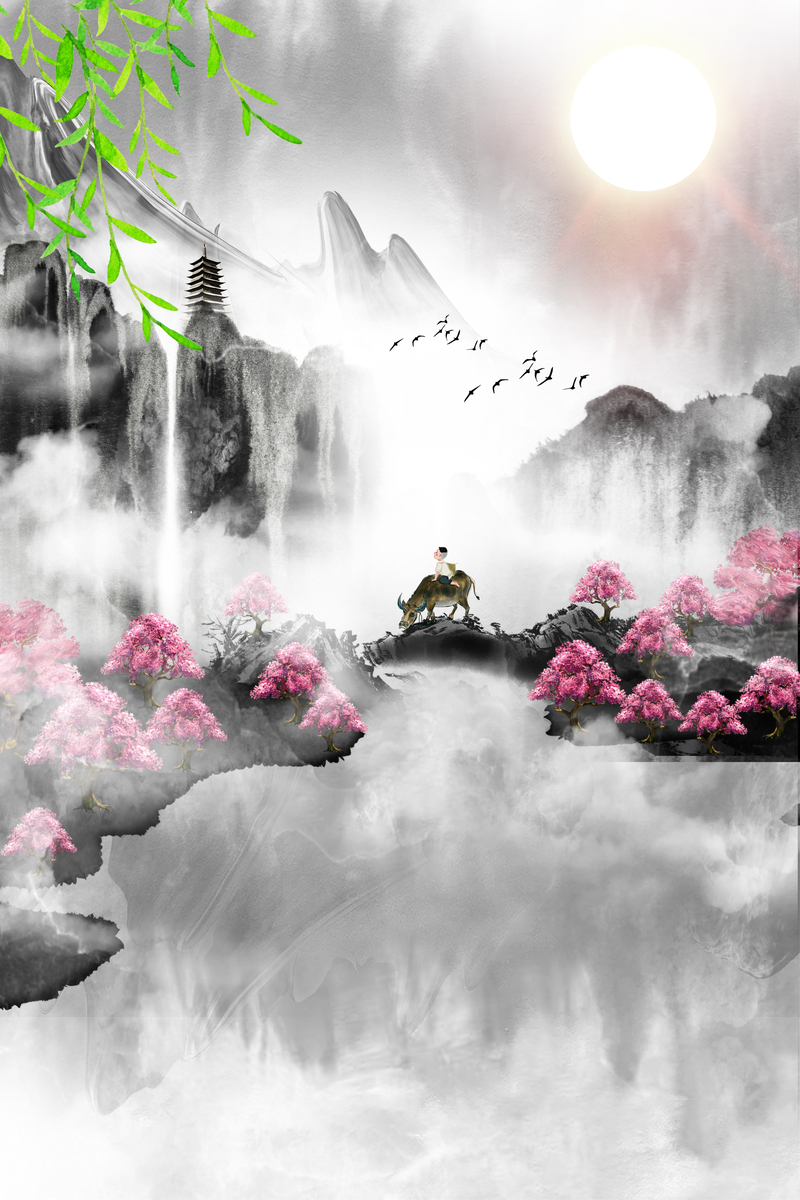 柳条牧童山水水墨背景图，高清JPG/PSD手绘卡通设计素材下载