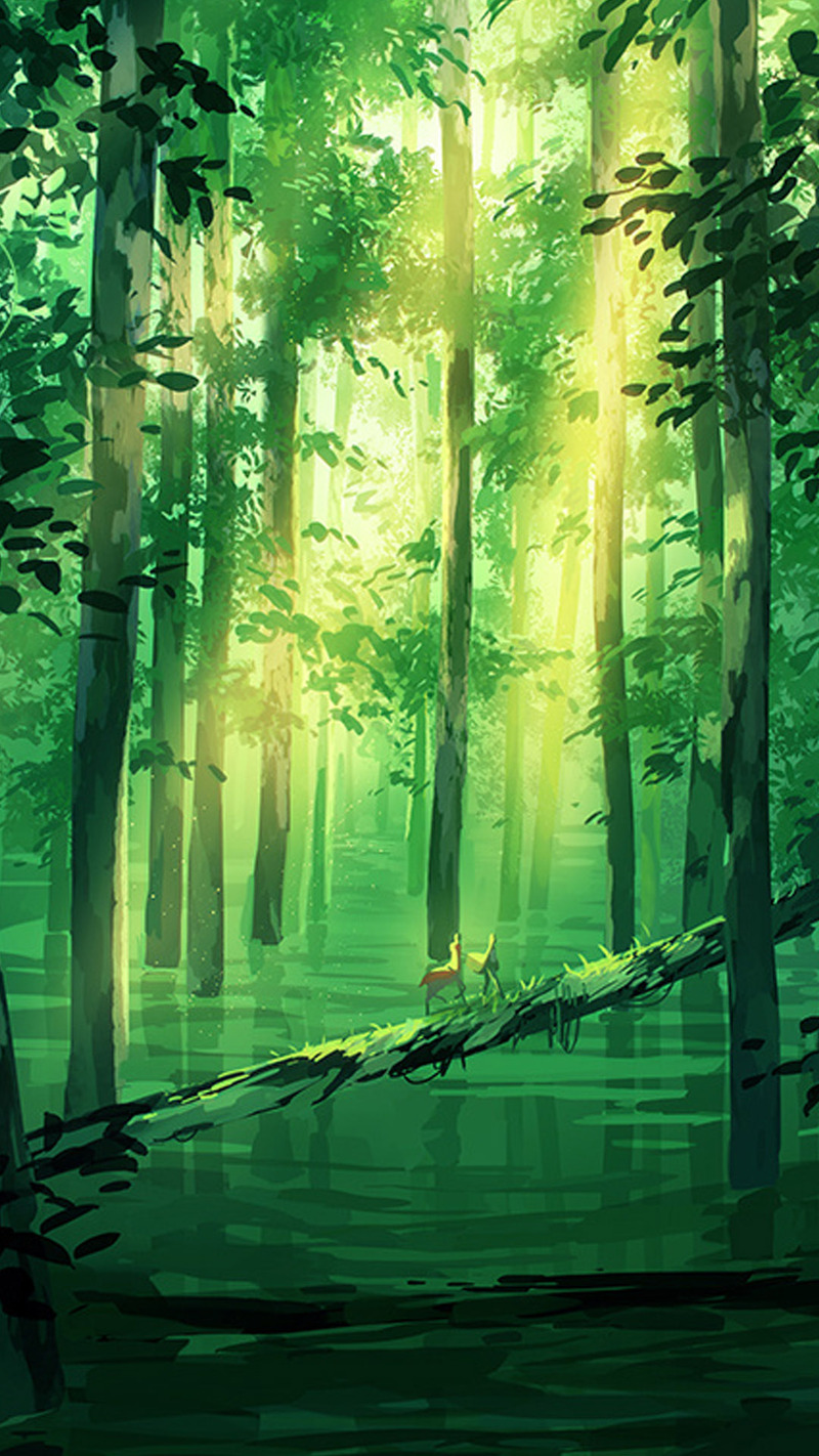 卡通绿色森林背景，高清JPG手绘素材，免费下载