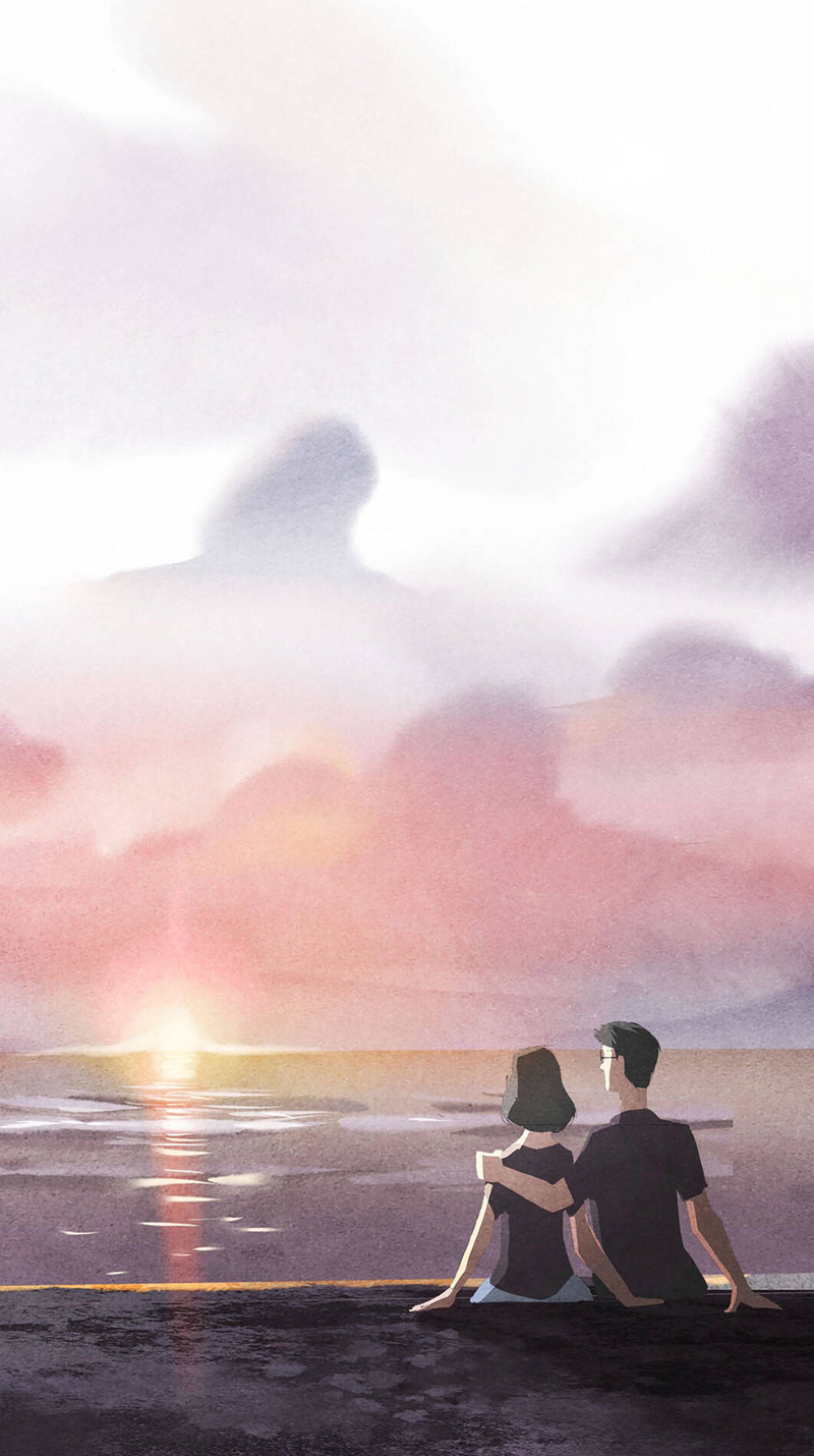 手绘卡通情侣夕阳广告图，高清JPG素材，免费下载