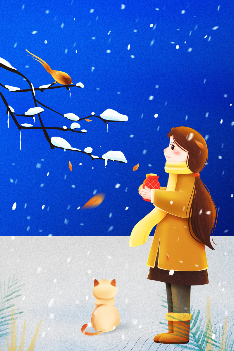 冬日雪景卡通人物背景图，高清JPG手绘素材下载