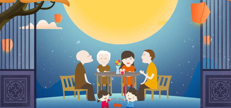 中秋团圆夜，赏月美图卡通手绘PSD高清下载