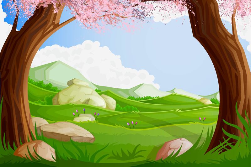 矢量卡通春天草原背景，高清JPG/AI格式素材，手绘设计下载