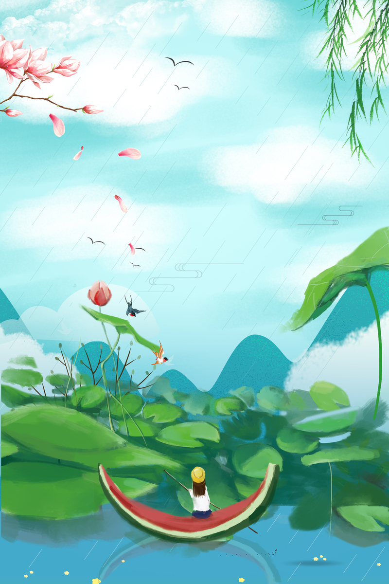 夏日绿色荷塘背景图，高清JPG+卡通手绘PSD素材下载