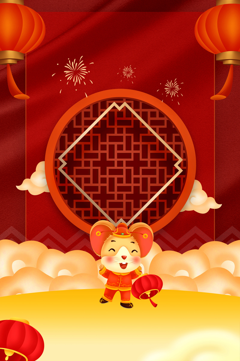 新年卡通手绘红色古窗背景图，高清JPG/PSD格式设计素材下载