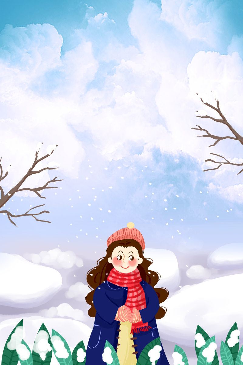 手绘小姑娘雪中漫步，唯美JPG与PSD设计素材下载