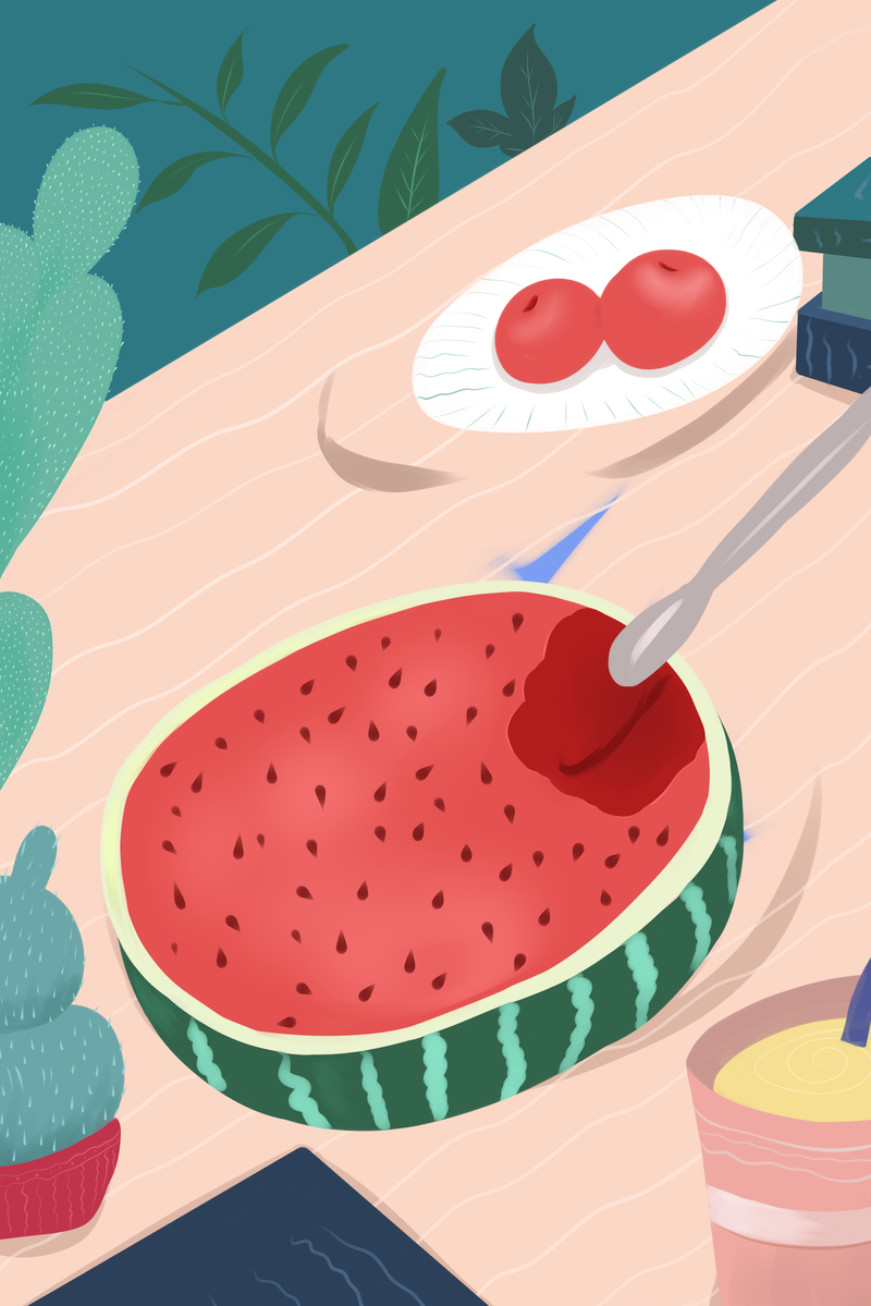 立夏节气卡通手绘西瓜仙人掌饮料图片素材，高清JPG/PSD格式下载