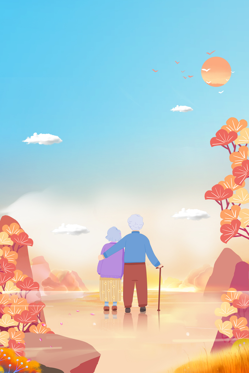 小清新手绘老年夫妻背景图，卡通JPG/手绘PSD高清素材下载