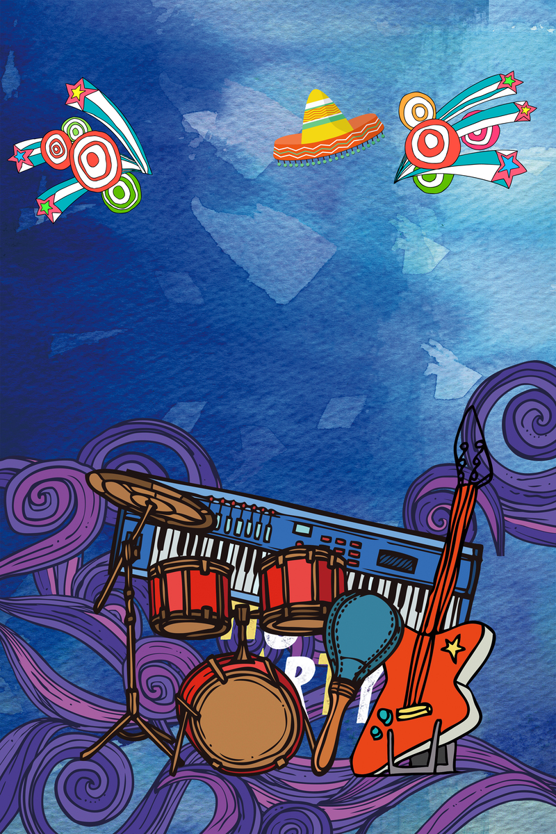 2017蓝色插画音乐节狂欢海报，高清JPG+PSD设计素材下载