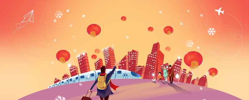 春运归途，烟花璀璨卡通背景图，高清JPG/手绘PSD素材下载