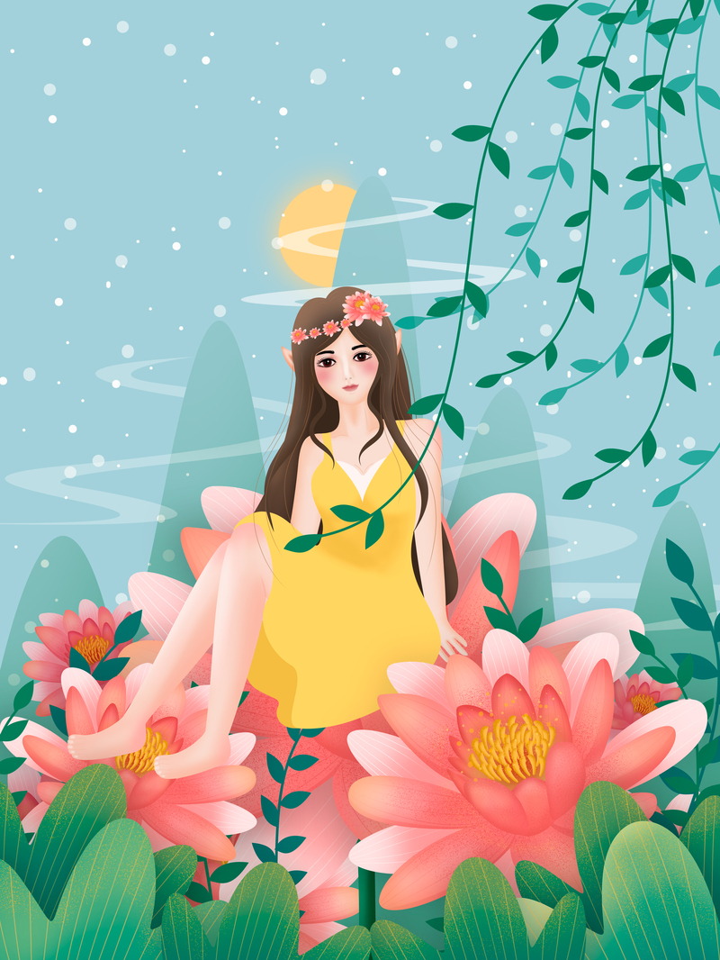 手绘春天美景，花朵柳条人物背景图，高清JPG/PSD素材下载