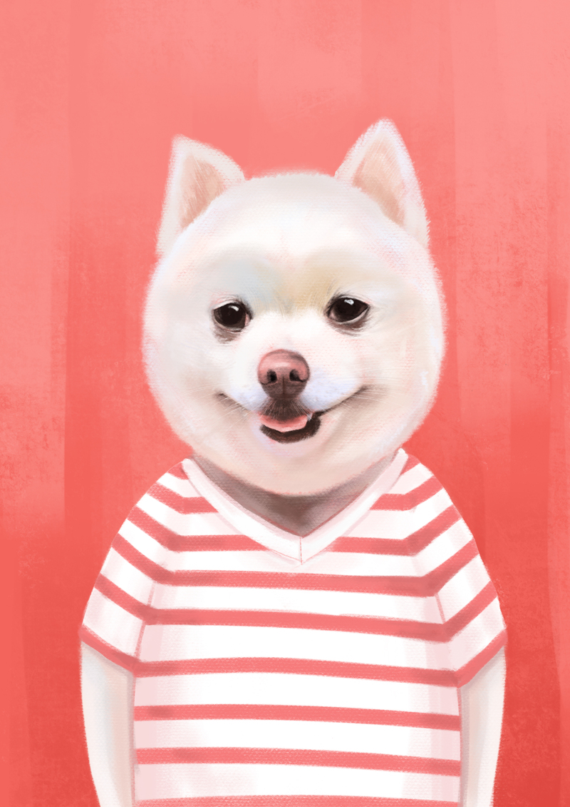 纯手绘粉色博美犬卡通图，高清JPG素材，手绘设计下载