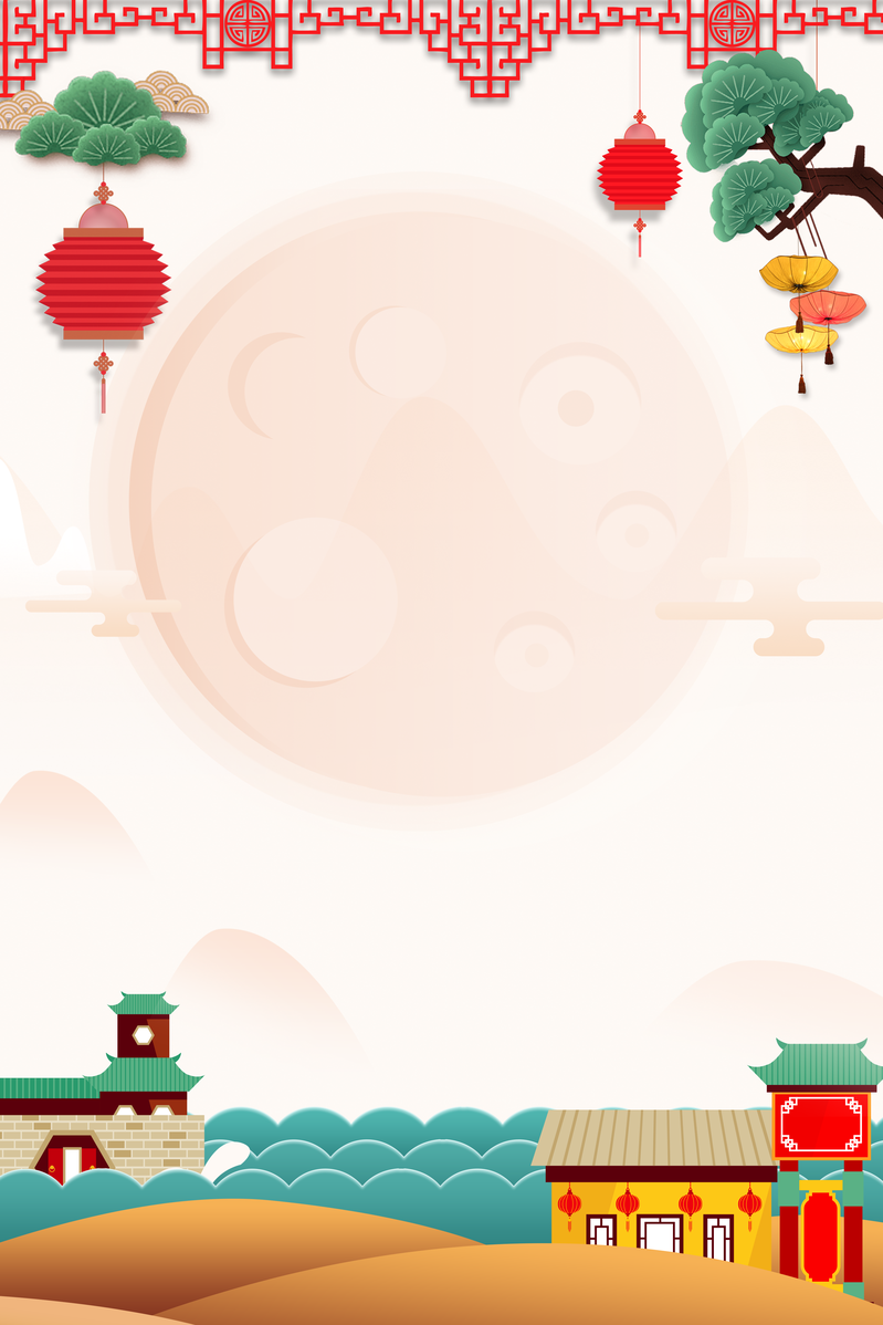中秋佳节灯笼点缀，树枝房屋美景，卡通手绘JPG/PSD素材下载