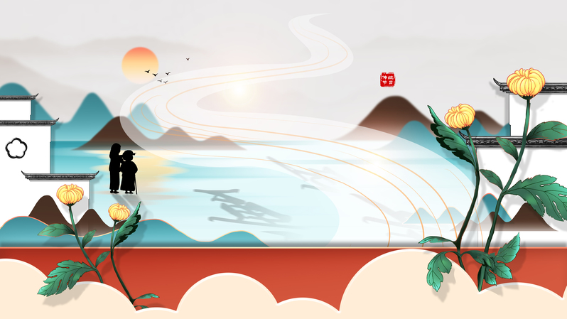 手绘菊花国潮背景图，高清JPG/PSD素材，飞檐卡通设计下载