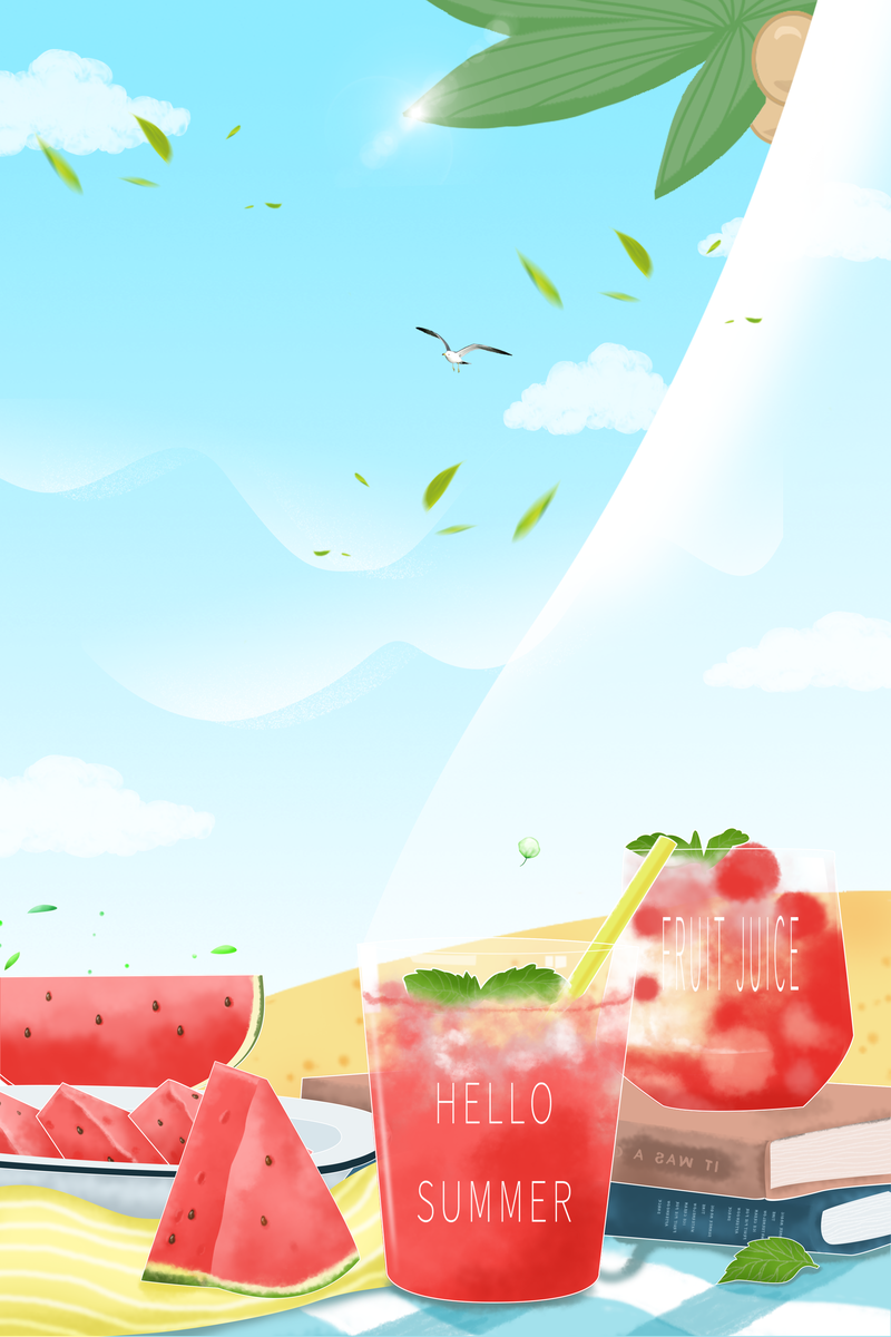 夏日立夏节气素材，树叶西瓜饮品高清JPG卡通手绘PSD下载