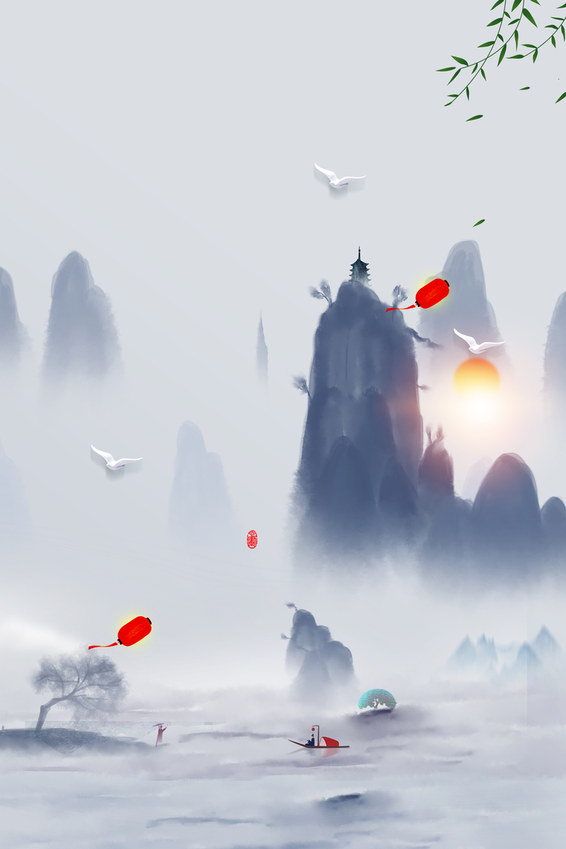 手绘水墨山水背景图，高清JPG与PSD格式，卡通手绘设计素材免费下载