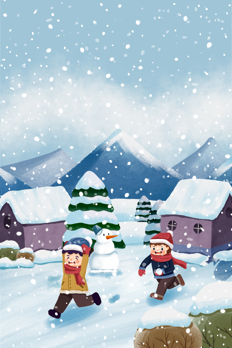 手绘雪花山村背景图，卡通JPG与PSD设计素材高清下载