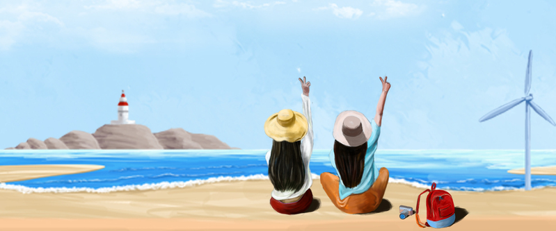 毕业旅行手绘水彩海边banner，高清JPG/PSD素材下载