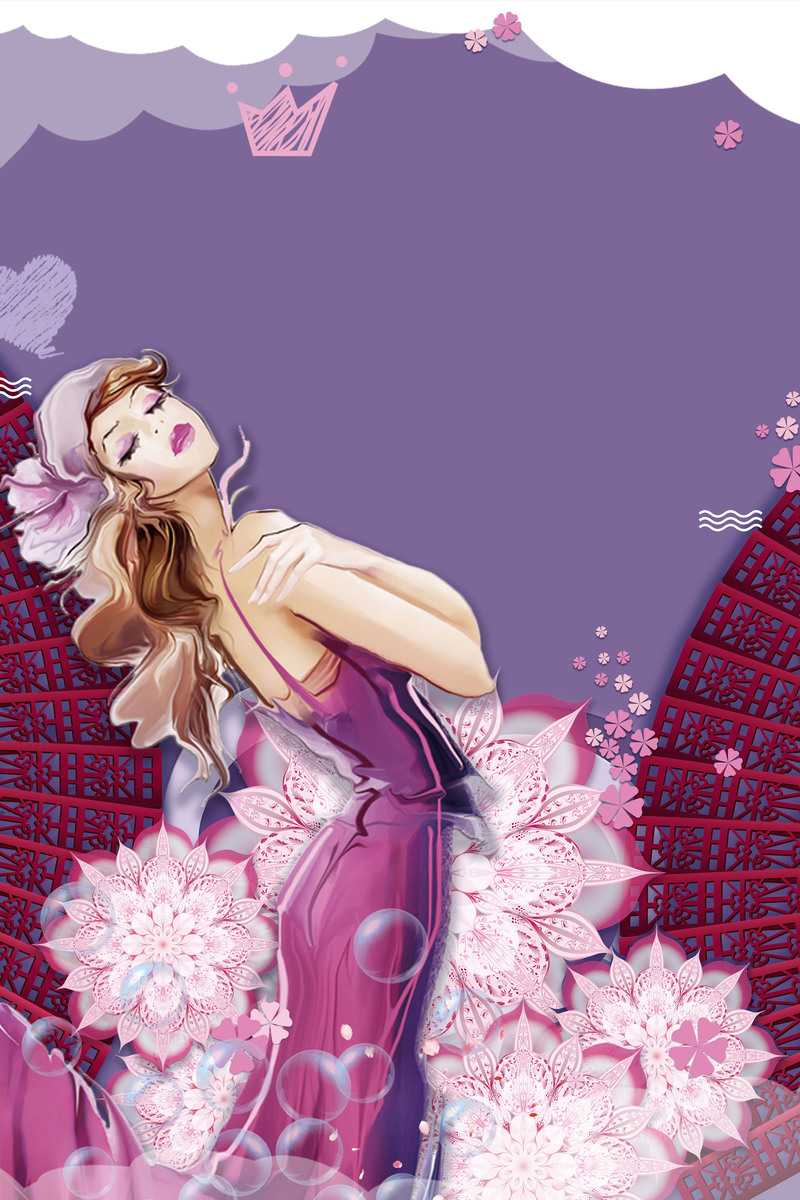 妇女节手绘海报，紫色创意卡通JPG/PSD设计素材下载