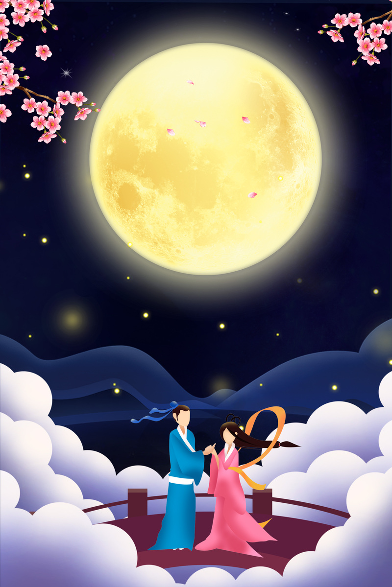 牛郎织女赏月高清背景图，卡通手绘JPG/PSD设计素材下载