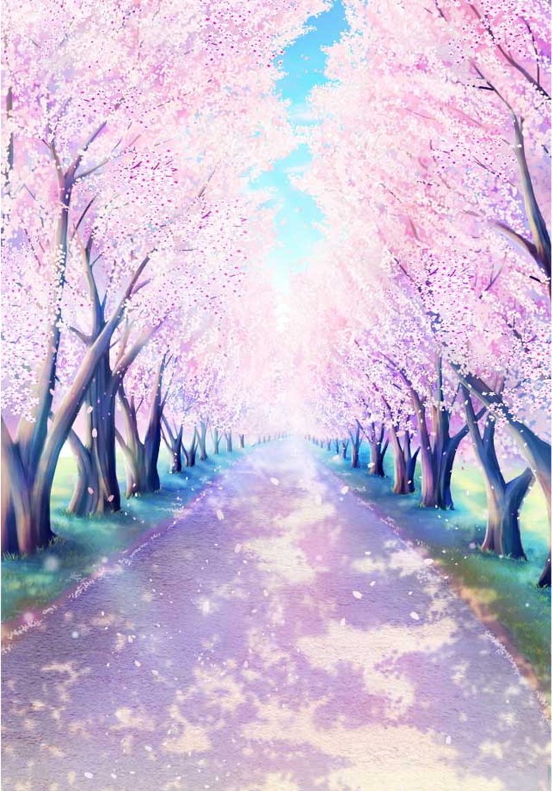 手绘樱花道路平面广告，高清JPG卡通素材，免费下载