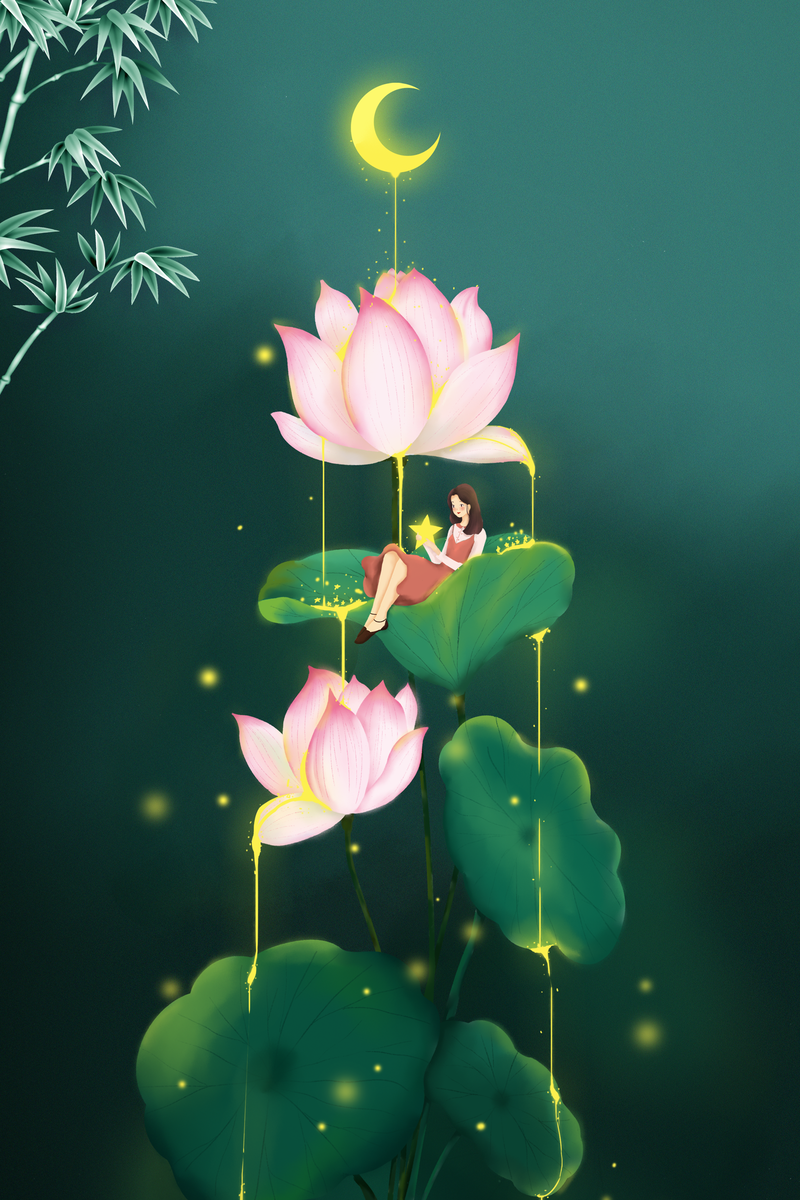 夏至手绘荷花竹叶人物卡通图片，高清JPG/PSD设计素材下载