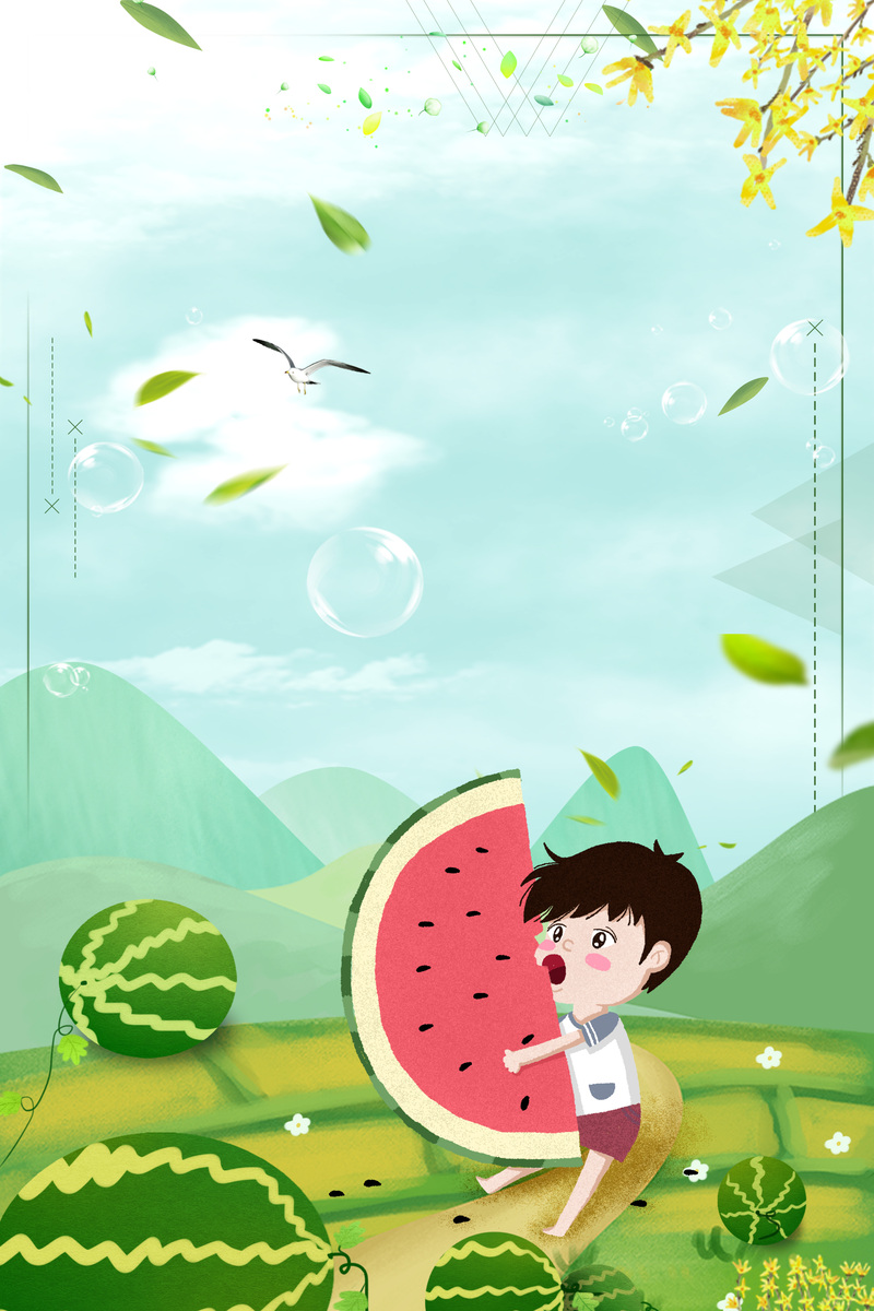 手绘西瓜田背景图，卡通风格高清JPG/PSD设计素材下载