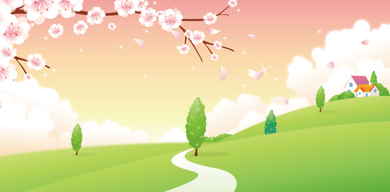 樱花绿树卡通背景素材，高清JPG/AI格式，手绘卡通设计，免费下载