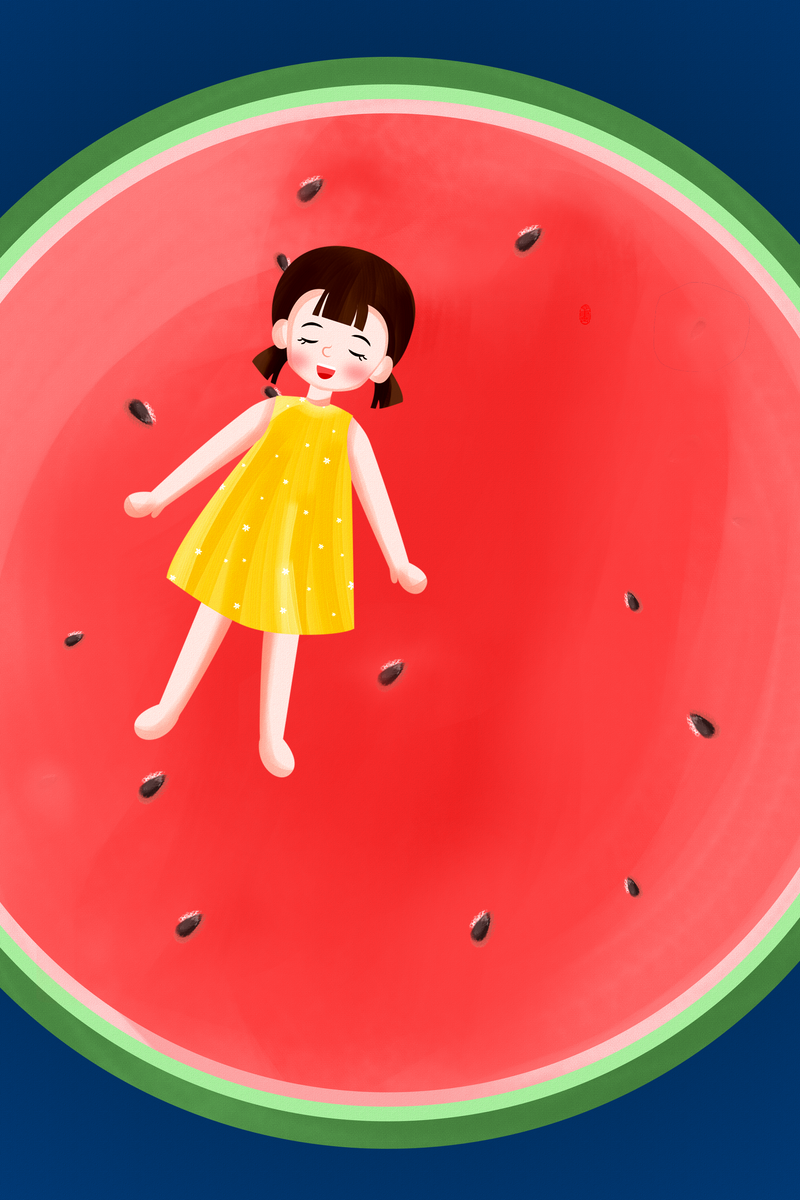 夏日立夏节气手绘西瓜人物，高清JPG/PSD卡通设计素材下载
