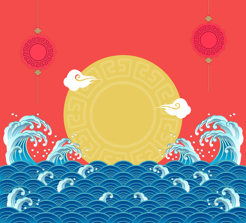 卡通祥云浪潮红背景素材，高清JPG+手绘PSD，免费下载