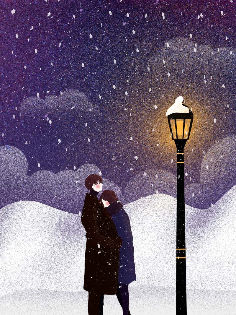 高清夜晚雪景紫色手绘插画JPG/PSD设计素材，卡通手绘风格，免费下载