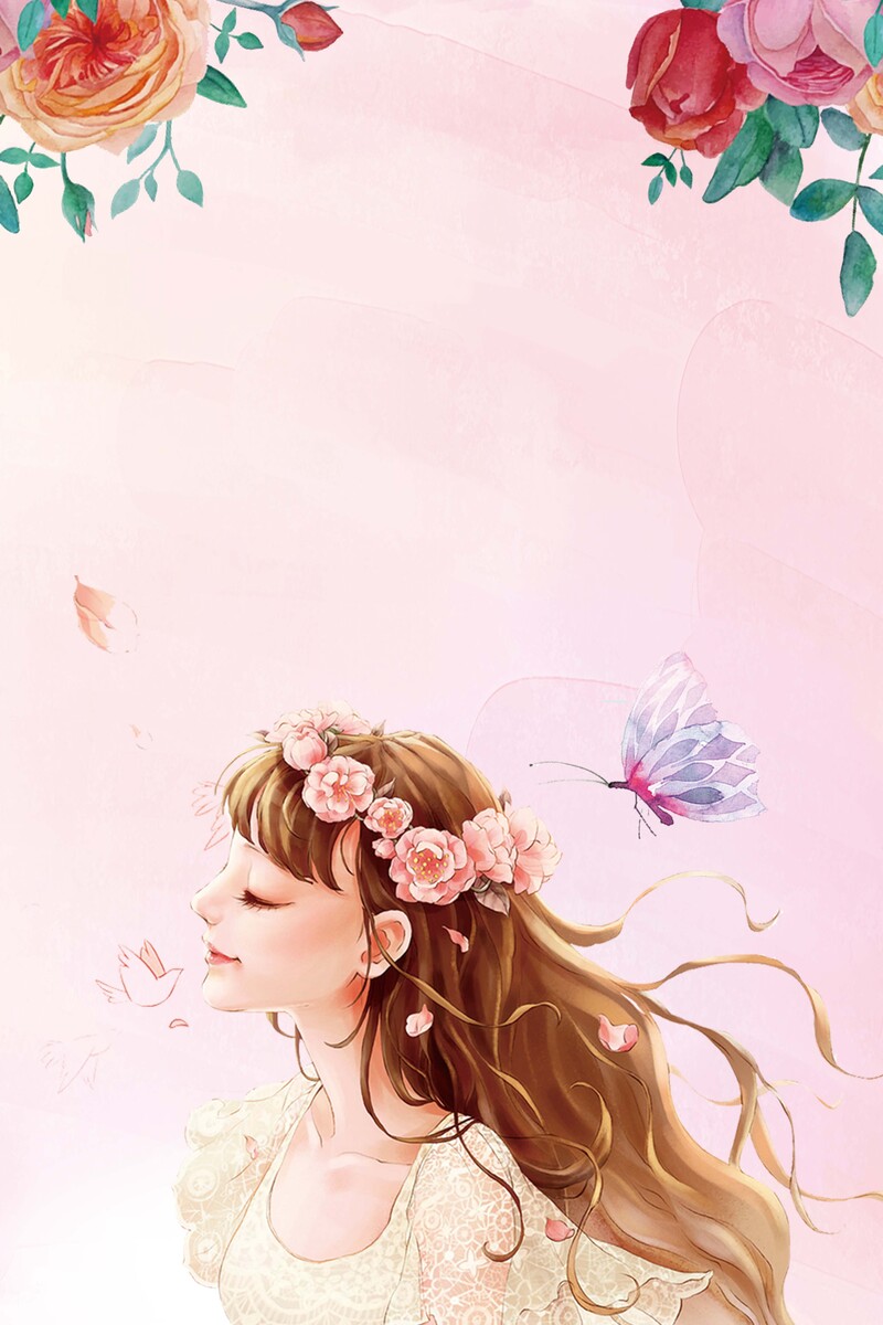 2018妇女节粉色插画海报，高清JPG与PSD下载，手绘卡通风格设计素材