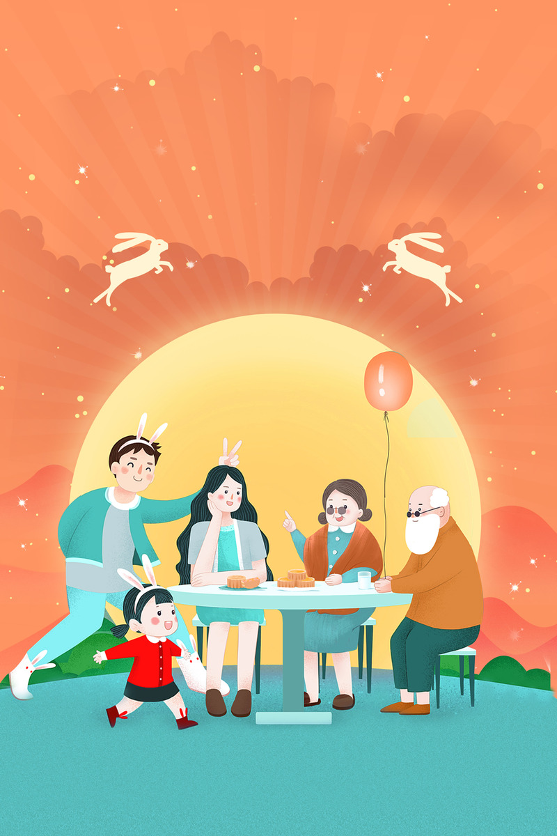 中秋团圆卡通手绘，高清JPG/PSD设计素材，促销宣传必备！