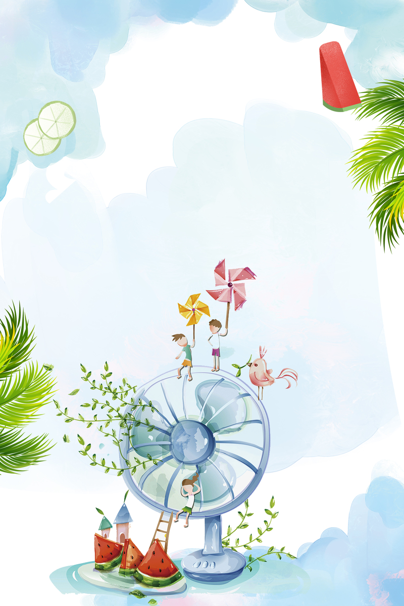 小暑节气手绘海报下载，高清JPG/PSD格式，蓝色卡通风格设计素材