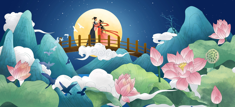 七夕佳节牛郎织女重逢，荷花背景卡通手绘JPG/PSD图片素材下载