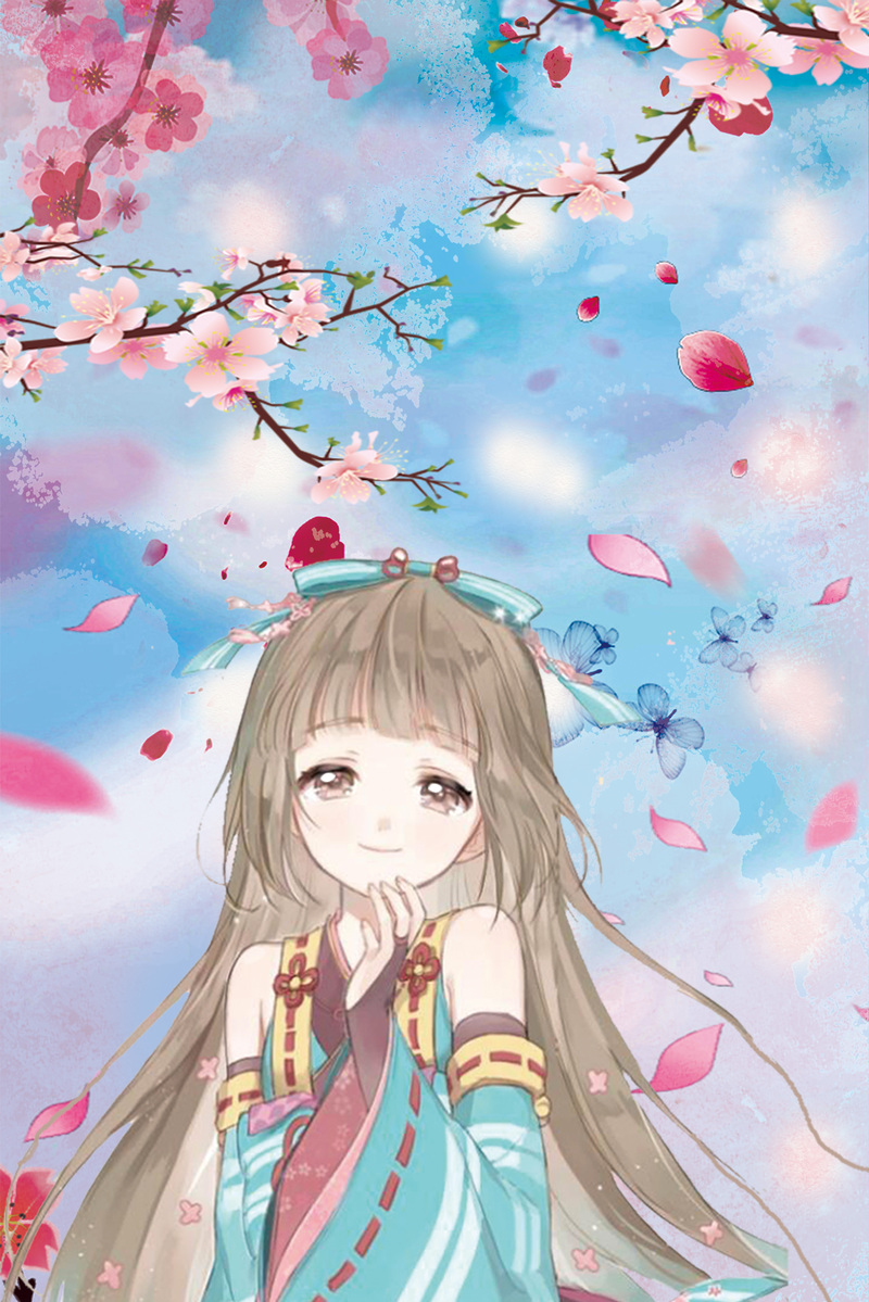 小女孩赏樱卡通手绘，高清JPG樱花飘落背景设计素材下载