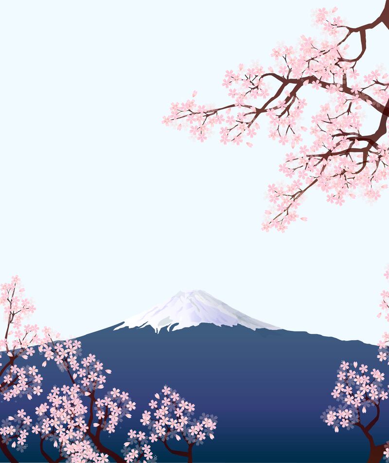 矢量富士山樱花旅游背景图，高清JPG+卡通手绘AI素材下载