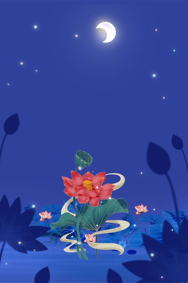 立夏荷花月景，24节气高清JPG卡通手绘PSD素材下载