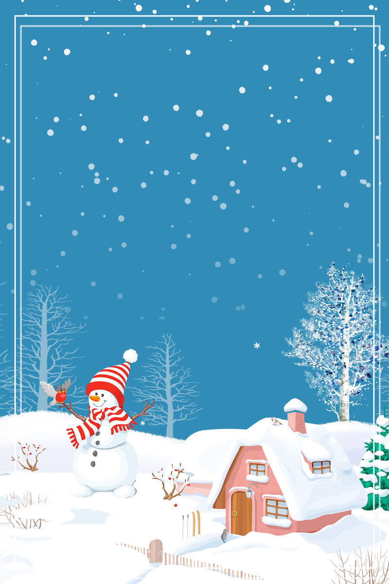 冬日飘雪堆雪人美图，蓝色背景高清JPG/PSD素材，卡通手绘风格下载