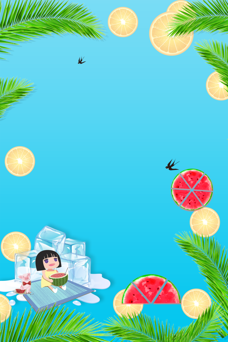 夏至手绘卡通，西瓜柠檬与燕子，高清JPG/PSD设计素材下载