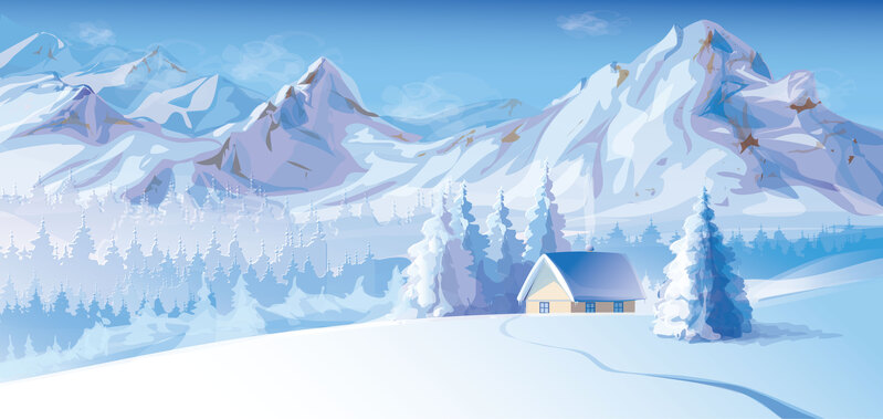 唯美雪山小屋森林插画背景，高清JPG与EPS格式，卡通手绘设计素材下载