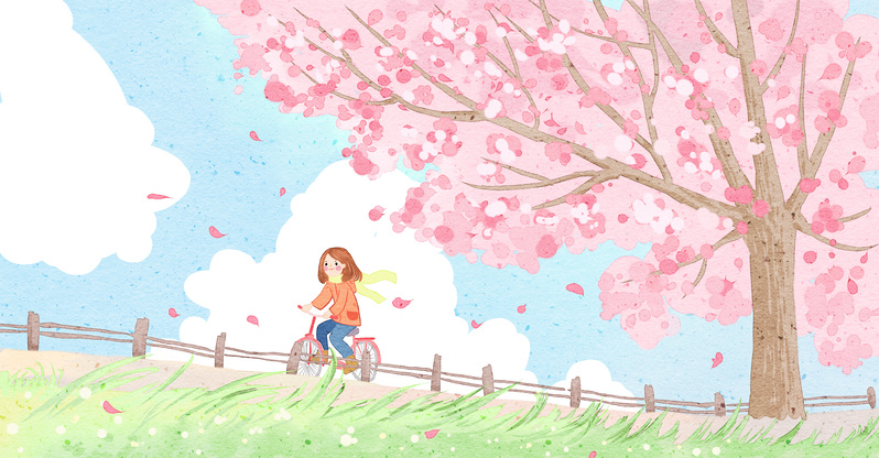 草地、路栏、自行车与樱花，小女孩主题高清卡通手绘图片，JPG/PSD格式设计素材下载