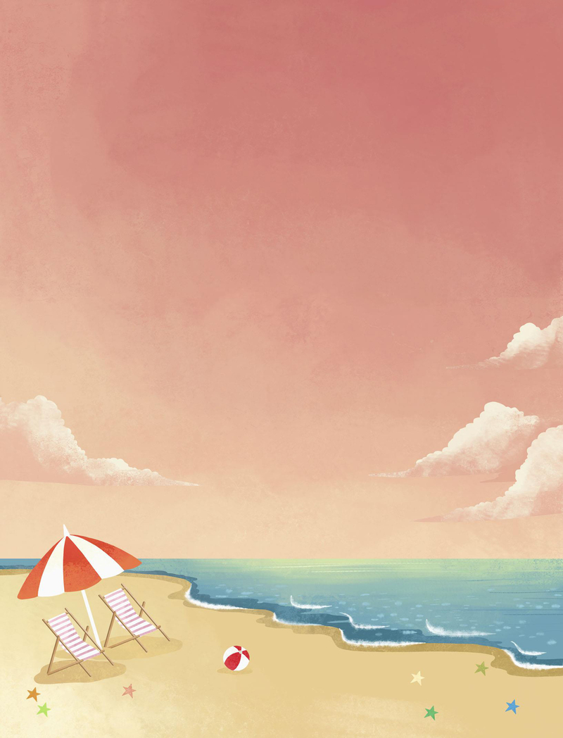 手绘夏日海滩广告素材，唯美高清JPG图片，卡通手绘风格，免费下载