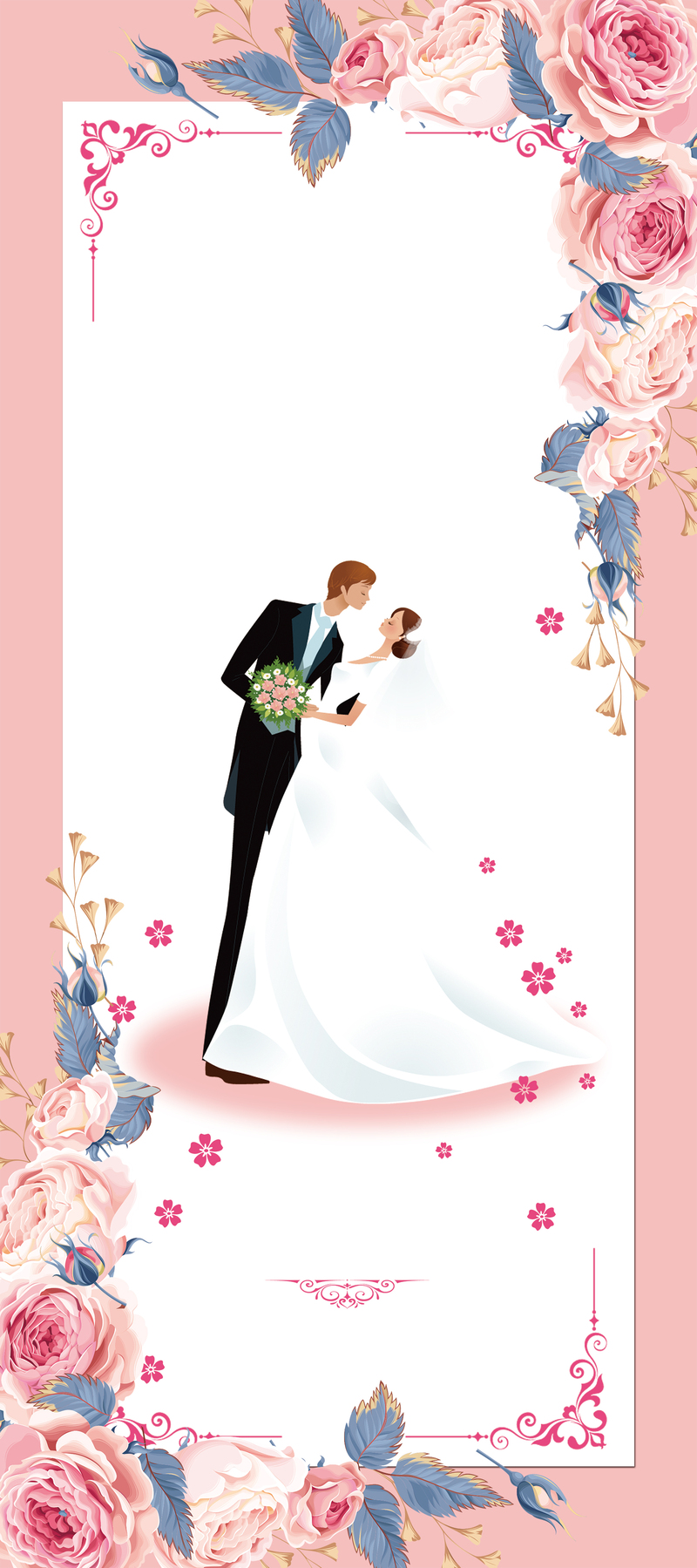 结婚季必备，粉色卡通婚庆易拉宝海报，新人专属，高清JPG/PSD素材下载
