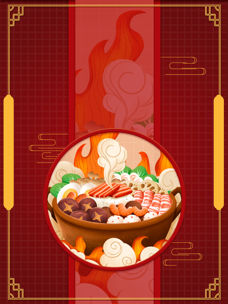 手绘红色边框食物元素图，高清JPG/PSD设计素材下载