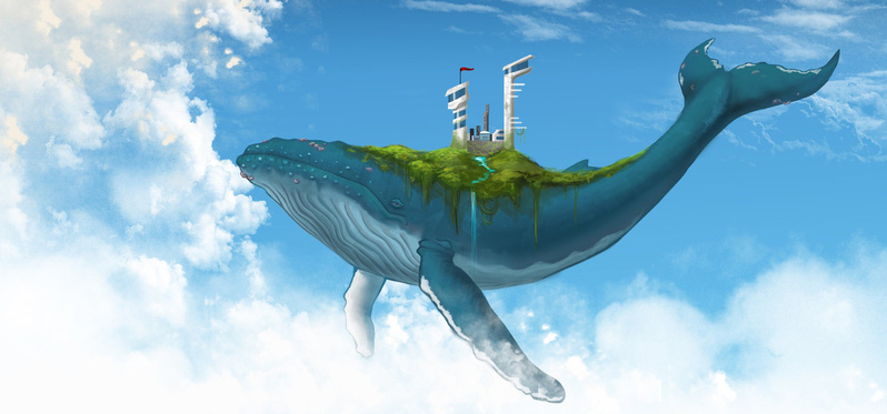 卡通鲸鱼天空手绘海报背景，高清JPG创意图片素材，免费下载
