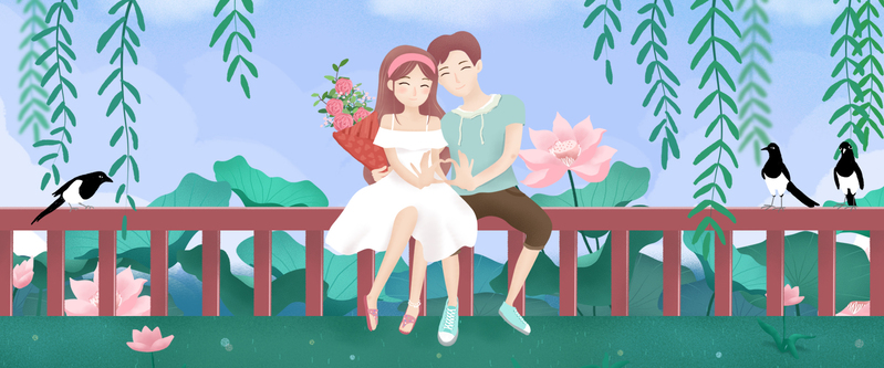 七夕情人节情侣海报素材，高清JPG/PSD下载，卡通手绘风格